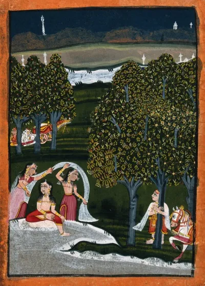 Three women in the garden being watched by a man standing next to the trees with his horse