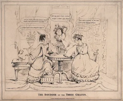 Three women seated around a table discussing the prospect of being raped in a potential revolution