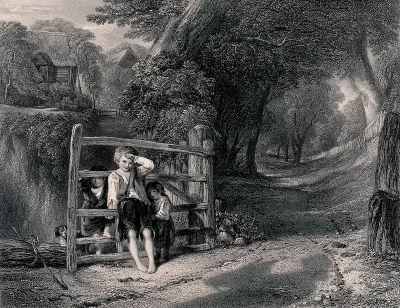 Three young children are leaning on a five-bar gate on a wooded road with a cottage nearby