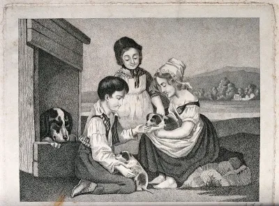 Three young children playing with puppies with the mother of the puppies watching from the kennel