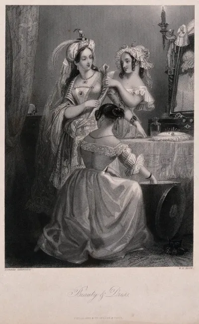 Three young women are dressing in ornate clothes in front of a dressing table
