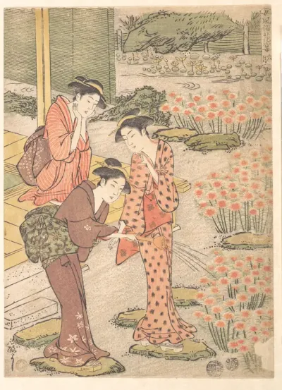 Three Young Women in a Garden where Nadeshiko Pinks are Growing