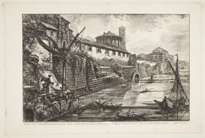 Tiberen ved Cloaca Maxima, kloakken, der tidligere kaldtes Bel Lido, med det runde tempel og kirken Santa Maria in Cosmedin i baggrunden