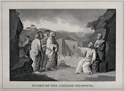 Ticket of the London Hospital: Christ with his disciples, gesturing towards the sick