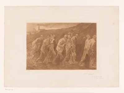 Tien mijnwerkers op weg naar hun werk