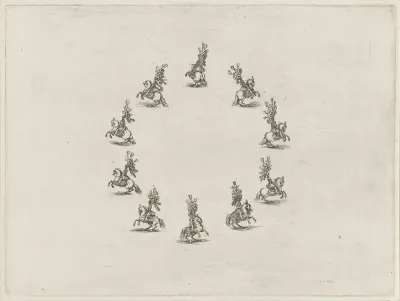 Tien ruiters te paard in een cirkel