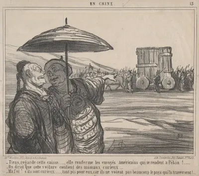 Tiens, regarde cette caisse...., elle renferme les envoyés Américains qui se rendent a Pékin!...., from En Chine, published in Le Charivari, October 4, 1859