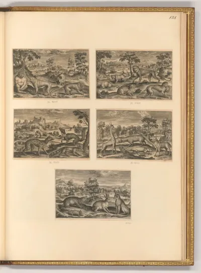 Tiere, Vierbeiner; Gehörnter Hase mit Fuchs, Marder und Maulwurf