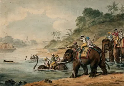 Tiger hunting in India: men riding elephants shoot at a tiger that tries to escape by swimming across a river