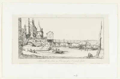 Tijdelijke voetgangersbrug op plaats van Pont-au-Change na de brand van 1621 in Parijs