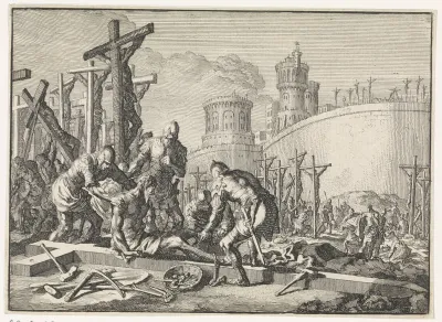 Tijdens de belegering van Jeruzalem wordt een aantal gevangen Joden door de Romeinen gekruisigd