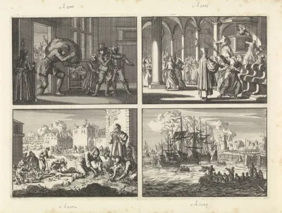 Tijdens het beleg van La Rochelle krijgt de weduwe van Prosui door een onbekende een zak graan gebracht, 1628 / De Margarethakerk te La Rochelle wordt opnieuw katholiek gewijd door preekstoel, pilaren en banken met roeden te geselen, 1628 / Hongersno
