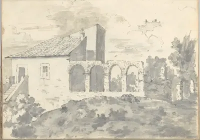 Tile-roofed building with an arcade, part of the walls at Rome (Smaller Italian sketchbook, leaf 31 recto)