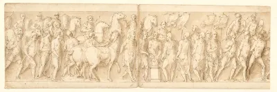 Tilfangetagne kvinder føres bort; livvagternes optog; Marcus Aurelius ofrer ved et alter; Marcus Aurelius betragter et angreb