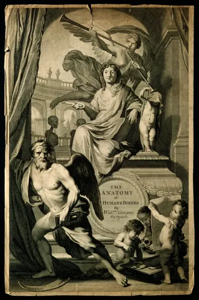Time pushes back a curtain to reveal Fame greeting a woman representing Anatomy; below, putti study anatomy
