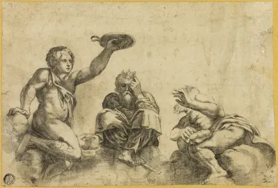 Time Seated on Clouds, Flanked by Two Other Angels