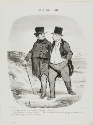 “- Times are difficult; this year we must learn to be more modest... - Don't tell me, my dear Ducorneau.... as far as I am concerned, every time I go to the theatre I now deny myself the company of my wife....,” plate 2 from Tout Ce Qu'on Voudra