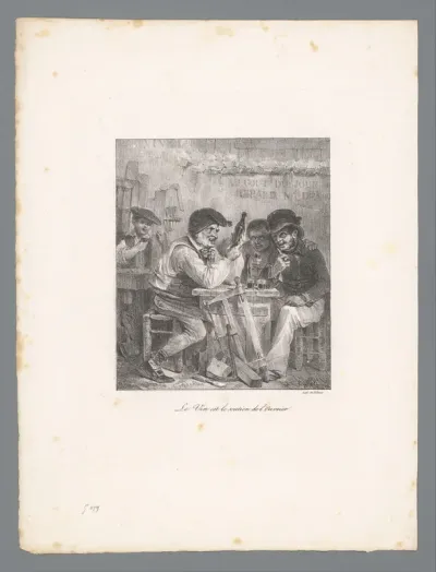 Timmerman met kameraden wijn drinkend