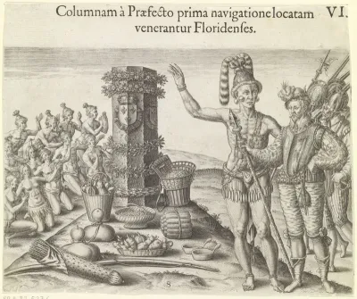 Timucua uit Florida aanbidden de zuil ter ere van de Franse koning