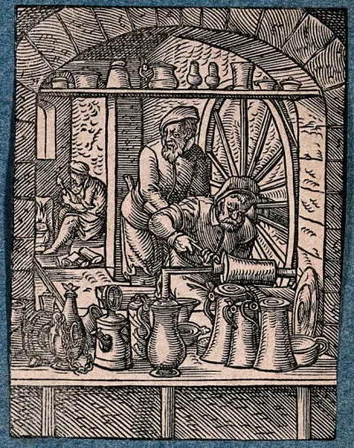 Tin-founders and pewterers making jugs, drinking vessels etc