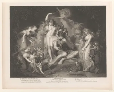 Titania en Bottom omringd door figuren