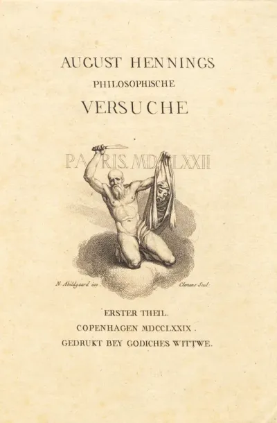 Titelblad med vignet forestillende en knælende mand, der symboliserer Bartholomæusnatten