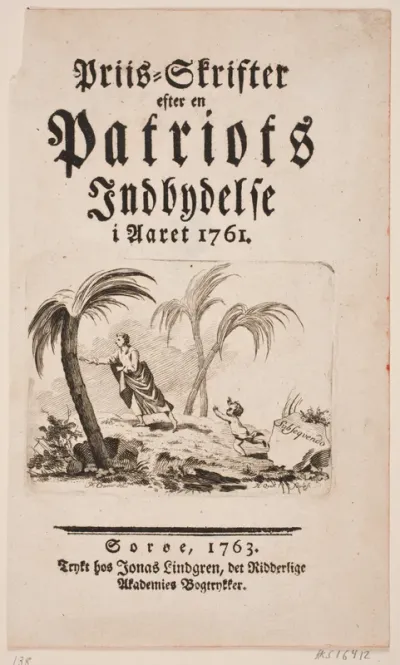 Titelblad med vignet til "Priis-Skrifter efter en Patriots Indbydelse i Aaret 1761"