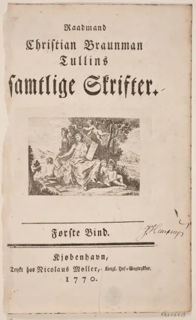 Titelblad med vignet til "Raadmand Christian Braunman Tullins Samtlige Skrifter". Første bind
