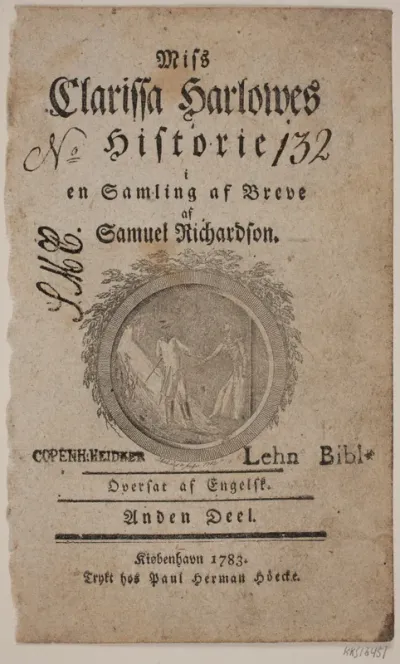 Titelblad med vignet til S. Richardson: "Miss Clarissa Harlowes Historie", anden del