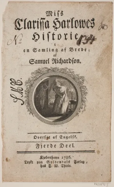 Titelblad med vignet til S. Richardson: "Miss Clarissa Harlowes Historie", fjerde del