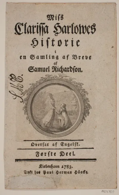Titelblad med vignet til S. Richardson: "Miss Clarissa Harlowes Historie", første del