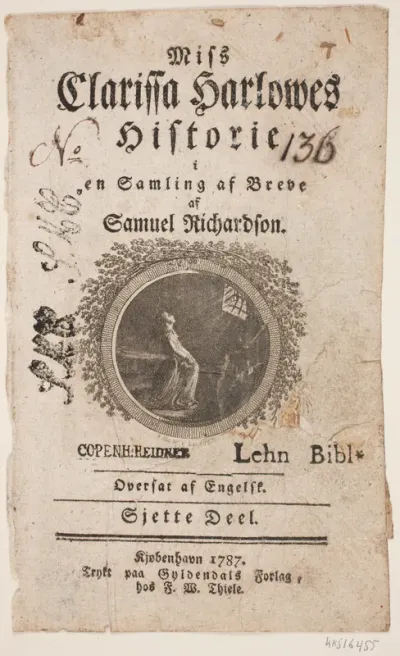Titelblad med vignet til S. Richardson: "Miss Clarissa Harlowes Historie", sjette del