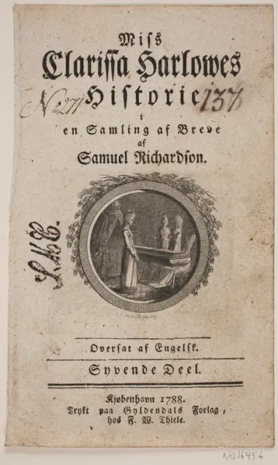 Titelblad med vignet til S. Richardson: "Miss Clarissa Harlowes Historie", syvende del
