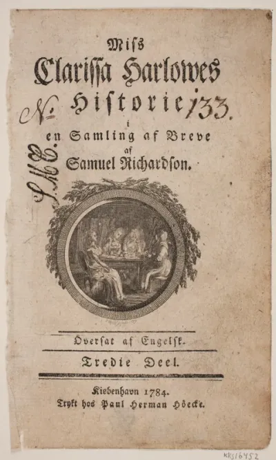 Titelblad med vignet til S. Richardson: "Miss Clarissa Harlowes Historie", tredje del