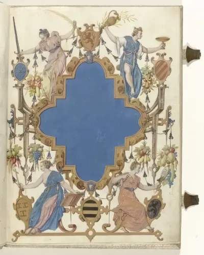 Titelblad met cartouche omgeven door vier allegorische vrouwenfiguren
