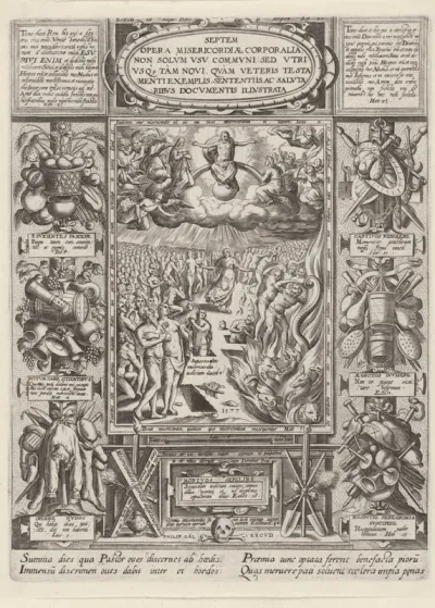 Titelblad met het Laatste Oordeel en de werken van barmhartigheid