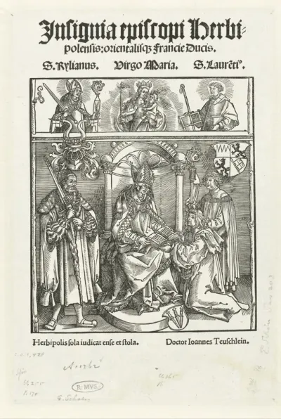 Titelblad met Johannes Teuschlein die zijn boek presenteert aan de bisschop van Würzburg