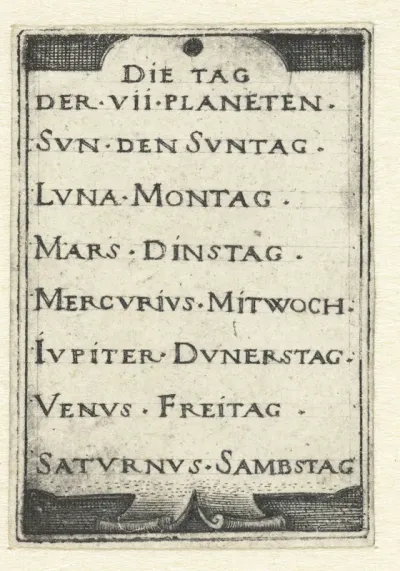 Titelblad met lijst van zeven dagen en de bijbehorende planeten