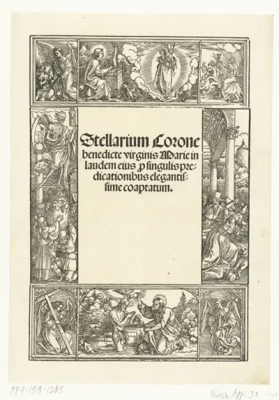 Titelblad met o.a. de doop van Christus en een visioen van Johannes de Evangelist