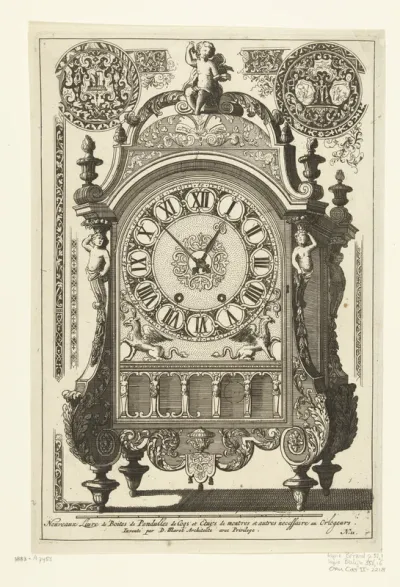 Titelblad: Nouveaux Liure de Boites de Pendulles de Coqs et Etuys de montres et autres necessaire au Orlogeurs