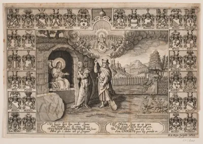 Titelblad til ligprædiken over Ida Langs med fremstilling af Kristus som gartner og Maria Magdalene