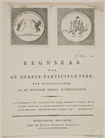 Titelblad til "Regnskab til de herrer participantere, for ovenstående af de nordiske rigers mindesmærker"