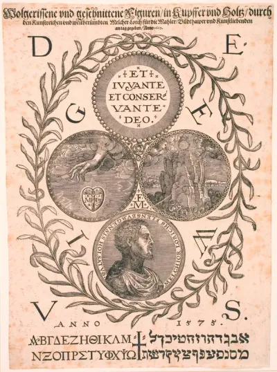 Titelblad til "Wolgerissene und geschnittene Figuren in Kupffer und Holz durch. Den Kunstreichen und weitberümten Melcher Lorch für die Mahler Bildthawer und Kunstliebenden. an tag gegeben Anno 1619"