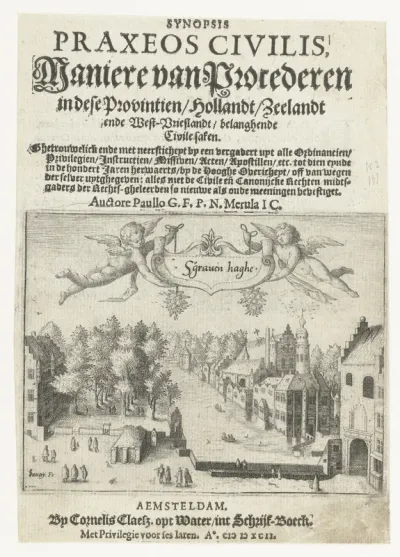 Titelblad van 'Maniere van Procederen' met een gezicht op de Vijverberg en het Binnenhof te Den Haag