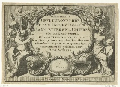 Titelblad: Verscheyde Gefleuroneerde T'Zamen-Gevlogte Naam-Letteren of Chifres