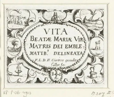 Titelblad voor de embleemserie 'Leven van Maria in emblemen'