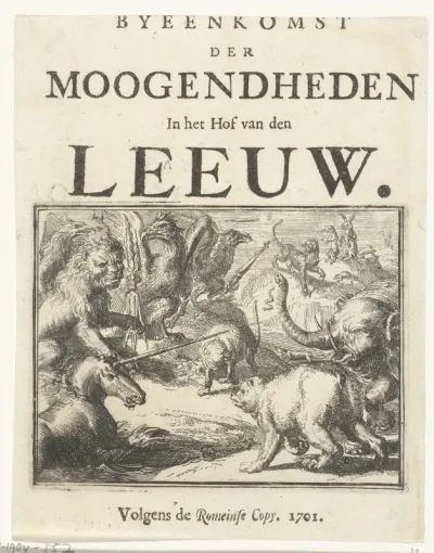 Titelblad voor het pamflet: Byeenkomst der Moogendheden in het Hof van den Leeuw, 1701