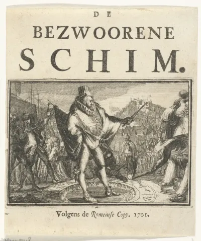 Titelblad voor het pamflet: De Bezwoorene Schim, 1701