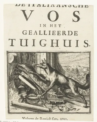 Titelblad voor het pamflet: De Italiaansche Vos in het geallieerde Tuighuis, 1701