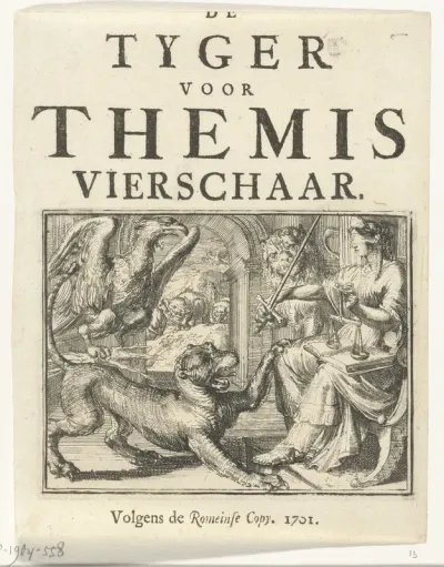 Titelblad voor het pamflet: De Tyger voor Themis Vierschaar, 1701